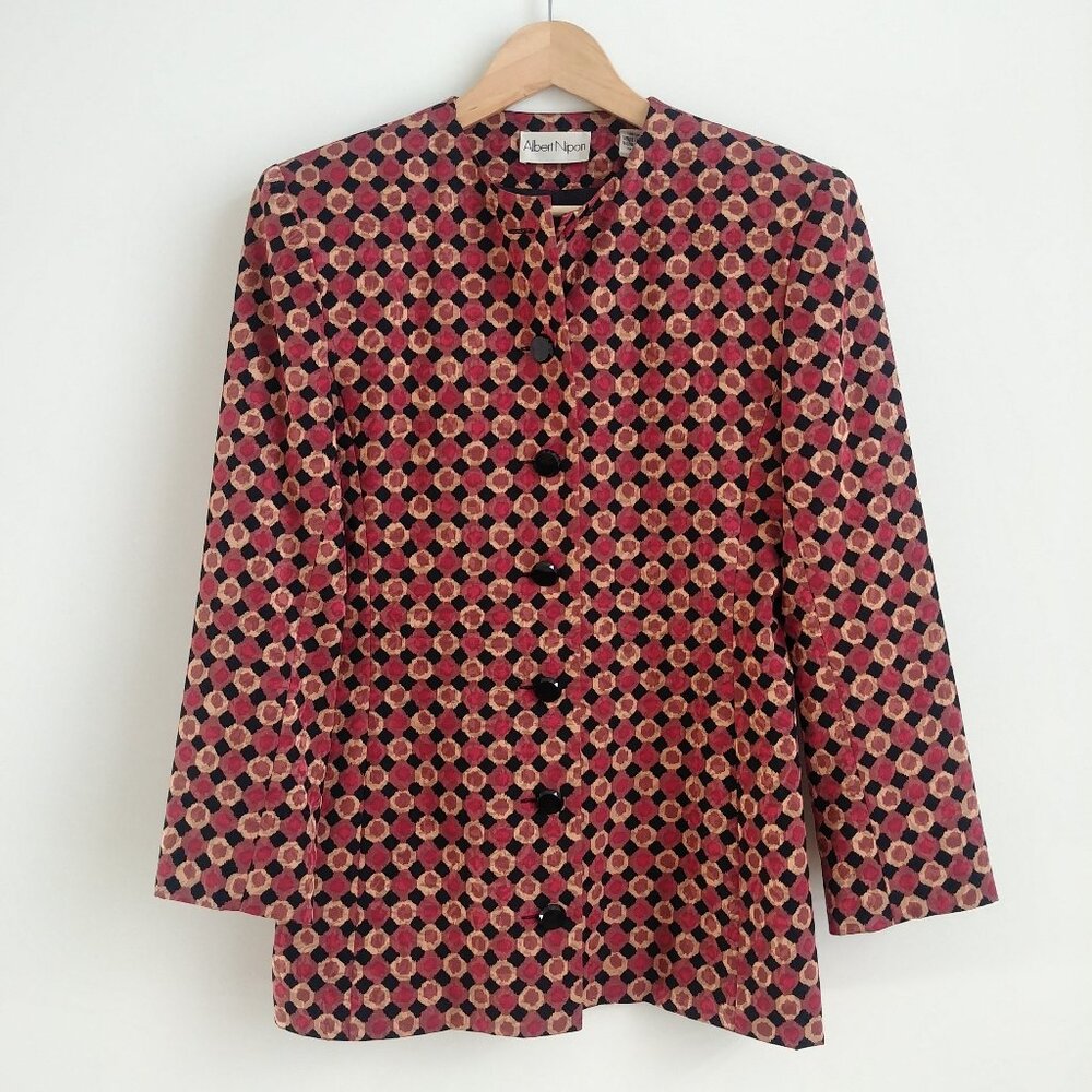 Vintage Albert Nipon 100% silk blazer jacket Hong Kong red pink black size 8